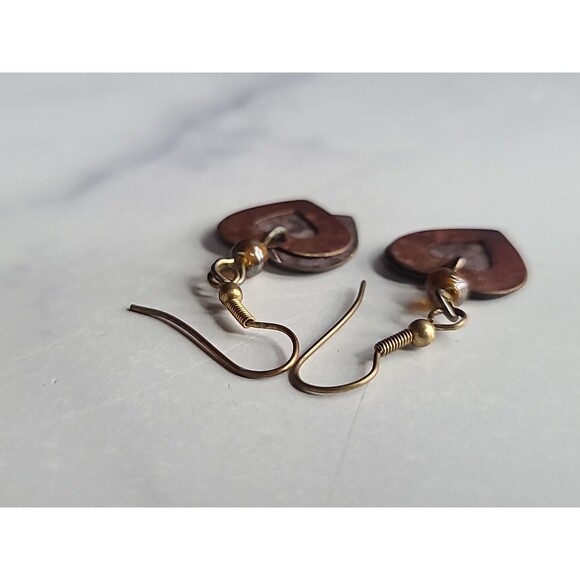 Two Tone Metal Heart Shaped Dangling Pierced Earrings Vintage - Picture 6 of 10